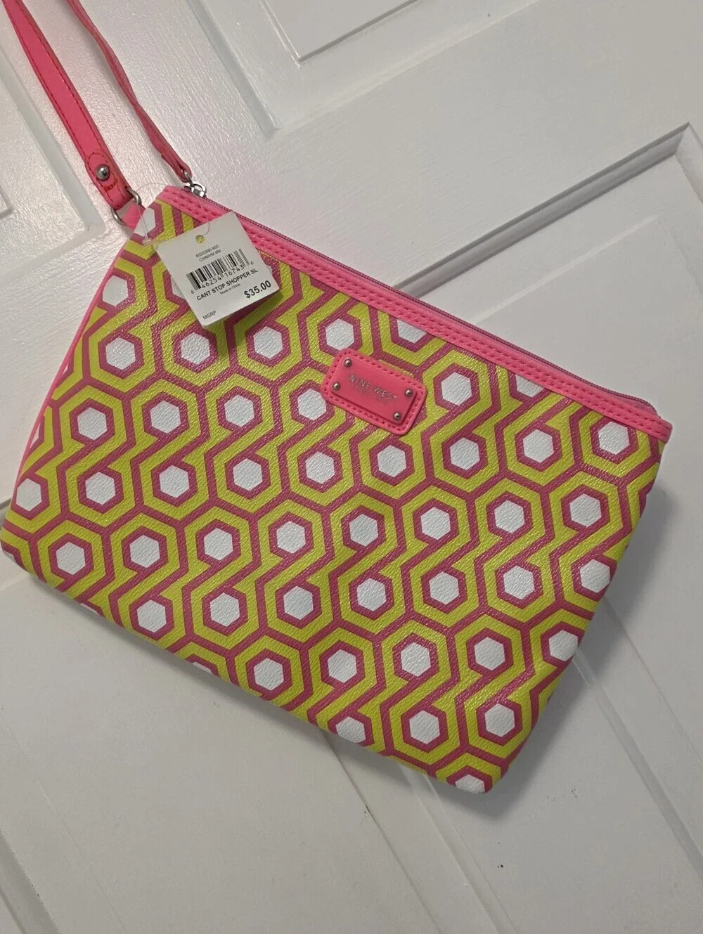 NWT Nine West Pink and Lime Geometric Large Wristlet Clutch, Ret. $35